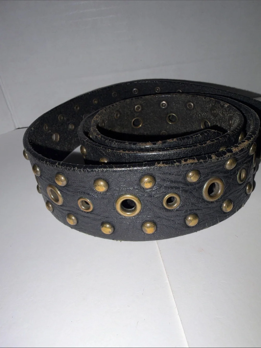 Studded Black Leather Belt with Antique Brass Buckle - for men or women